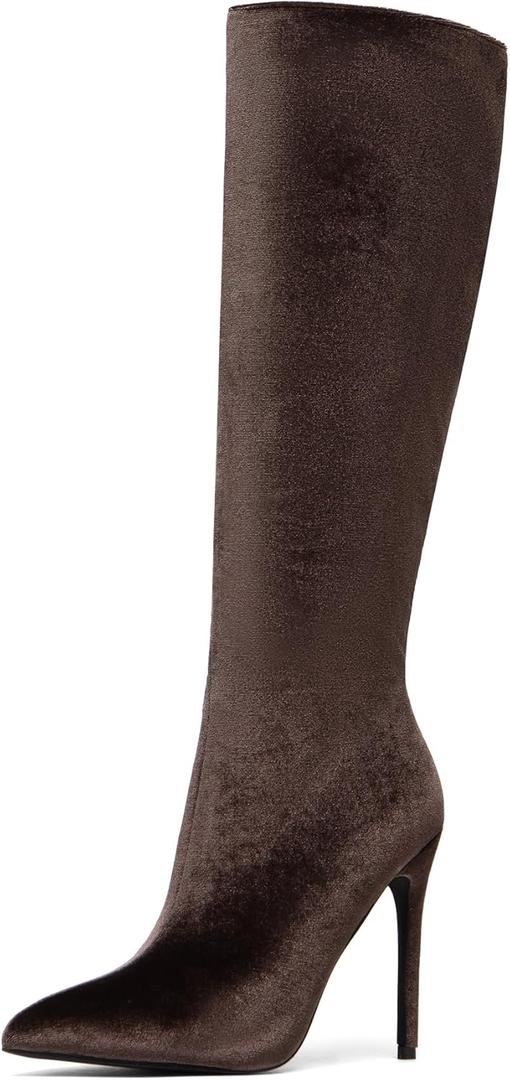 NEWBELLA Women's Suede Knee-High Boots - Sleek Design Stiletto Heel Boots for Daily Wear, Halloween, Christmas, Brown 7.5