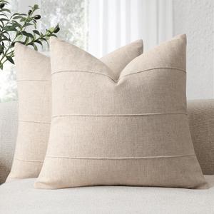 Decorative Linen Throw Pillow Covers 24x24 Set of 2 Solid handcrafted Striped Cushion Covers for Bed Soft Modern Farmhouse Neutral Pillowcase for Couch Bedroom Living Room Home Decor (Natural Beige)