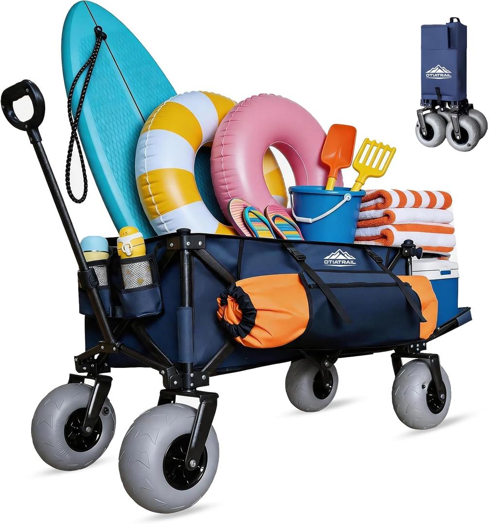 Beach Wagon for Sand with Big All-Terrain 9*4" Balloon Wheels, 200L Large Capacity 330lbs Heavy Duty Beach Carts, Collapsible Utility Wagon with Extended Tailgate for Beach Camping Outdoors