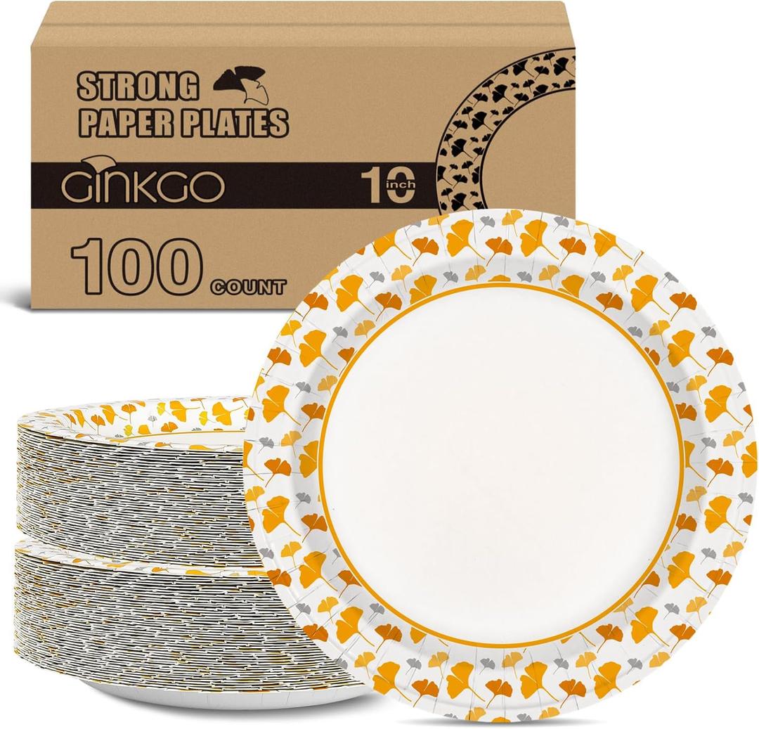 Ginkgo Paper Plates 10 Inch Bulk 100 Count, Heavy Duty Disposable Thanksgiving Plates and Fall Friends Party Paper Plates and Daily Use