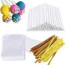 300 PCS Cake Pop Sticks and Wrappers Kit, Including 100ct 6-inch Paper Lollipop Sticks, 100ct Clear Candy Treat Bags Parcel, 100ct Gold Twist Ties for Cakepop, Lollipop, Hard Candy, Suckers, Chocolate