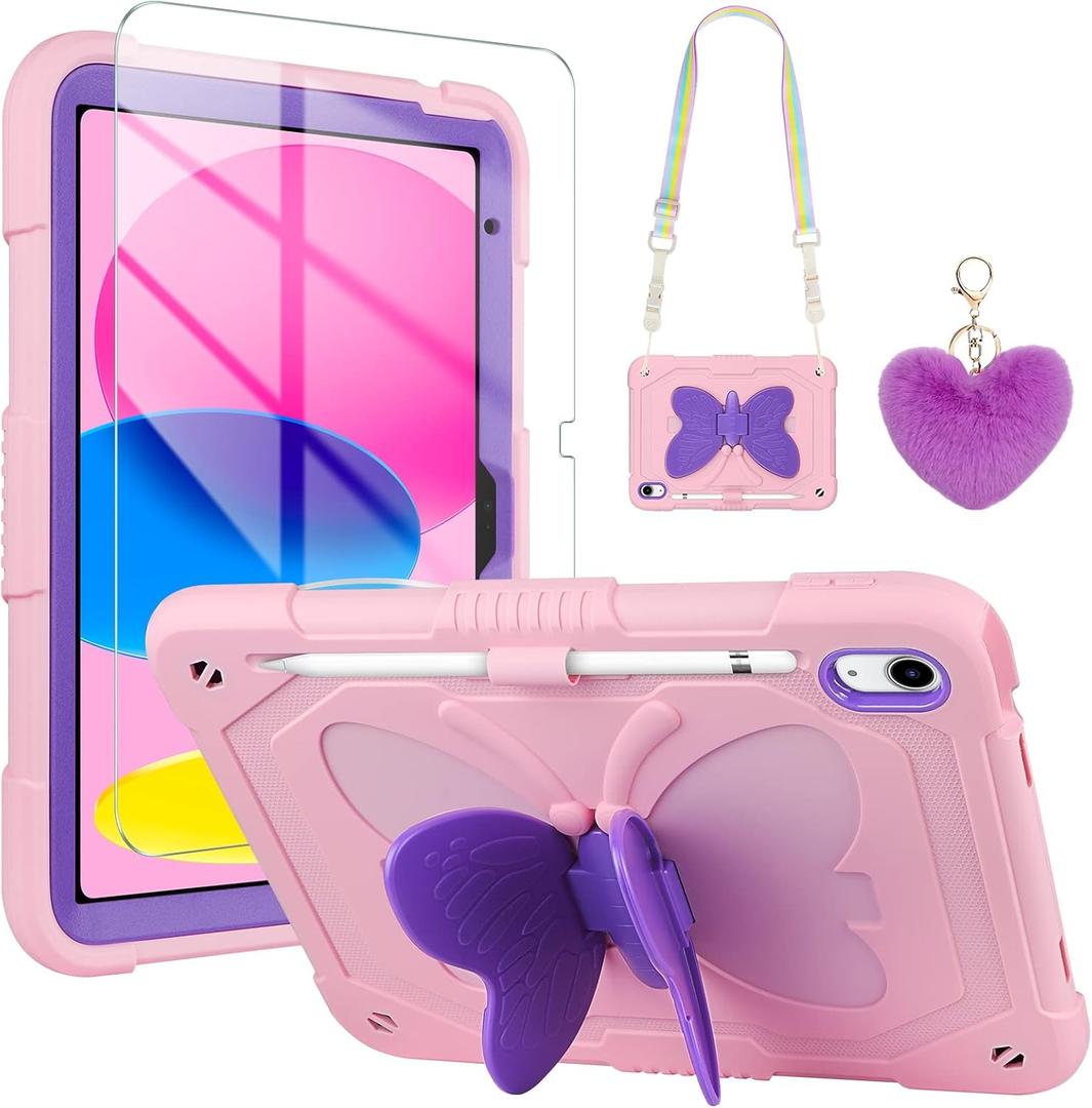 WESADN for iPad 10th Generation Case 10.9 inch 2022 for iPad A16 Case 11 inch 2025 with Screen Protector/Butterfly Kickstand/Lanyard/Keychain Rugged Cases Pencil Holder Girls Kids Cover Pink Purple