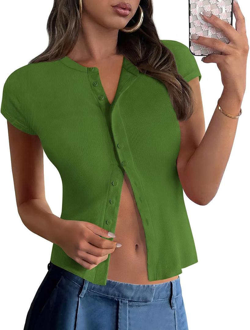 PRETTYGARDEN Women's Short Sleeve Summer Tops 2025 Trendy Ribbed Knit Button Up Tight Basic Tees Shirts Going Out Y2K Clothes (S)