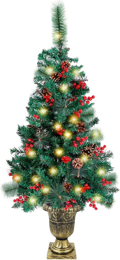 Juegoal 4 FT Christmas Trees in Gold Urn Base, Pre-Lit Artificial Spruce Entrance Tree with Battery Powered 120 LEDs Lights, Pine Cones & Red Berries for Xmas Home Front Door Porch Decorations, 1 Pack