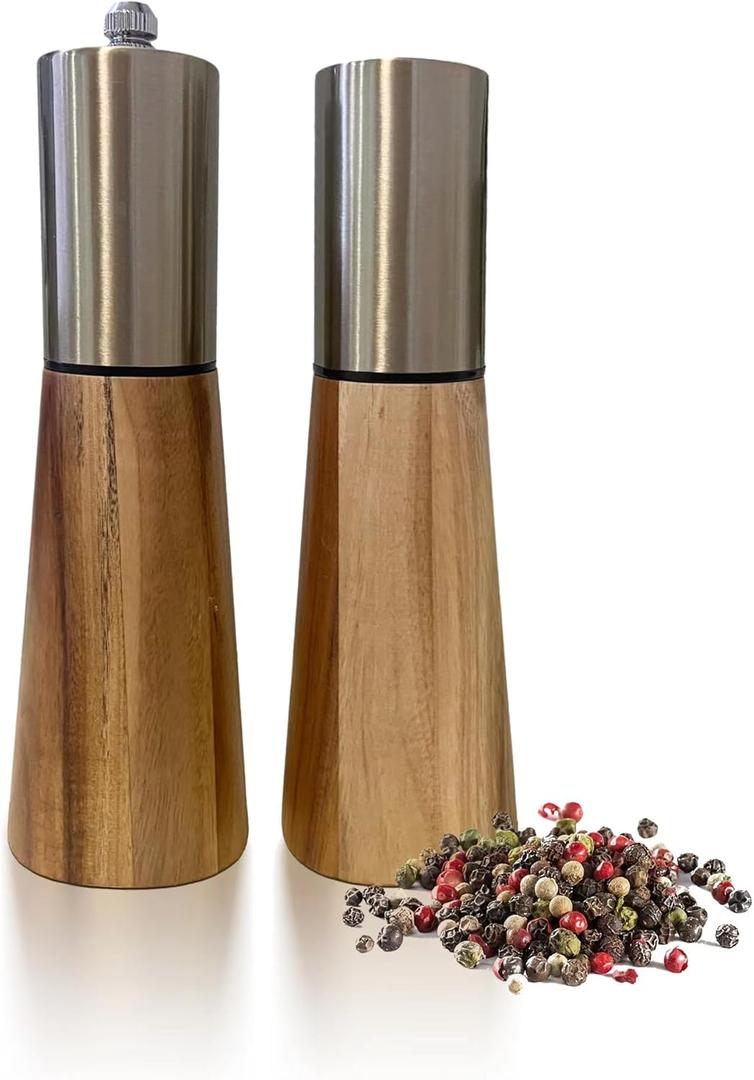 Salt and Pepper Grinder Set,Stainless Steel Manual Salt and Pepper Mill,Adjustable Thickness,Suitable For Kitchen,Barbecue,Picnic,2 Packs (7 inch, golden wood)
