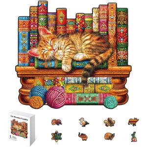 200 Pieces Cat Wooden Puzzles for Adults, 11.8x11 Inches Snoozing Cat Jigsaw Puzzles, Craft Hub Wood Puzzle, Unique Shape Cats Puzzle Birthday Gift for Cats Lovers Family Friend Game
