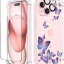 GVIEWIN for iPhone 15 Case, [3 in 1] with Screen Protector & Camera Lens Protector, Clear Soft Shockproof Slim Fit Floral Phone Cover for Women Girls 2023 6.1" (Alluring Butterfly/Purple)