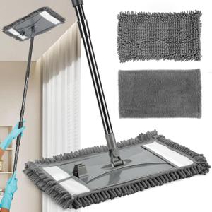 Wall Cleaner Mop with Long Handle, Wall Dust Cleaning Mop for Washing Walls with 2 Microfiber Reusable Pads,Floor Dry Wet Dust Mops for Wall Washer, Floor ,Ceiling Cleaner, Baseboard Duster (Gray)