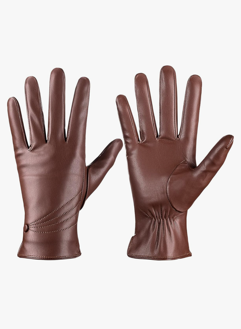 Winter Leather Gloves for Women, Warm Touchscreen Driving Texting Cashmere Lined Gloves, Brown, XL