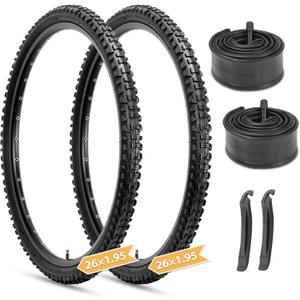 Hycline Mountain Bike Tires Set: 2-Pack 20/24/26x1.95 Inch Folding Replacement High-Density Bicycle Tires and Pair Inner Tubes with Tire Levers Compatible with MTB Off-Road Bike