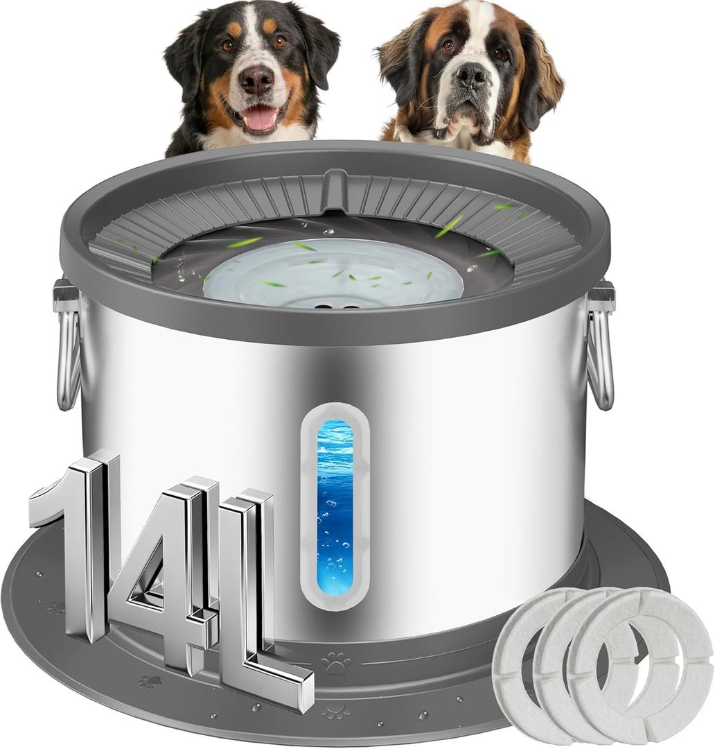 UPSKY 14L No Spill Dog Water Bowl, Stainless Steel Spill Proof Dog Bowl with Water Window, Dual-Suction Anti-Slip Large Capacity Slow Drinking Bowl with Floating Disk for Large Dogs & Messy Drinkers