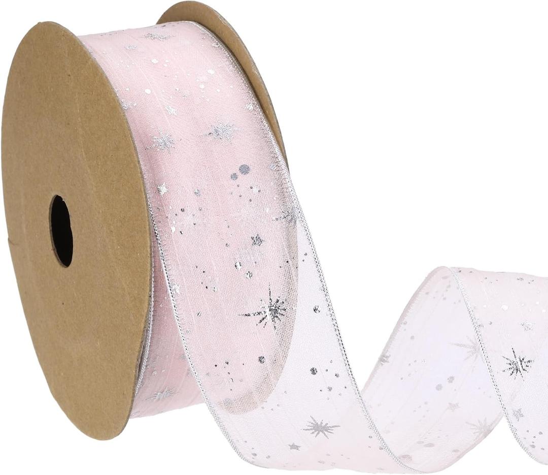 PATIKIL Organza Star Ribbon Wired, 1.6 Inch Wide 20 Yards Christmas Tree Print Sheer Glitter Ribbon for Gift Wrapping Garland Bouquet Ornaments Party Decorations, Light Pink