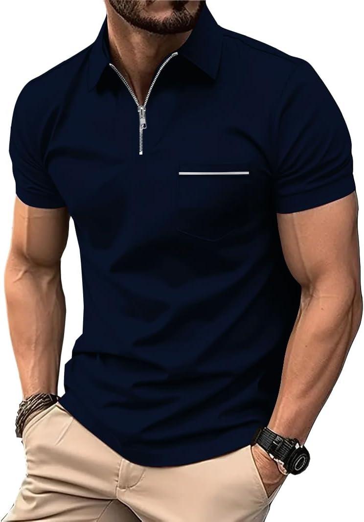 ZITY Mens Polo Shirts Quarter Zip Shirts Casual Classic Lightweight Short Sleeve Golf Collared Shirt with Pocket (Large, Navy)