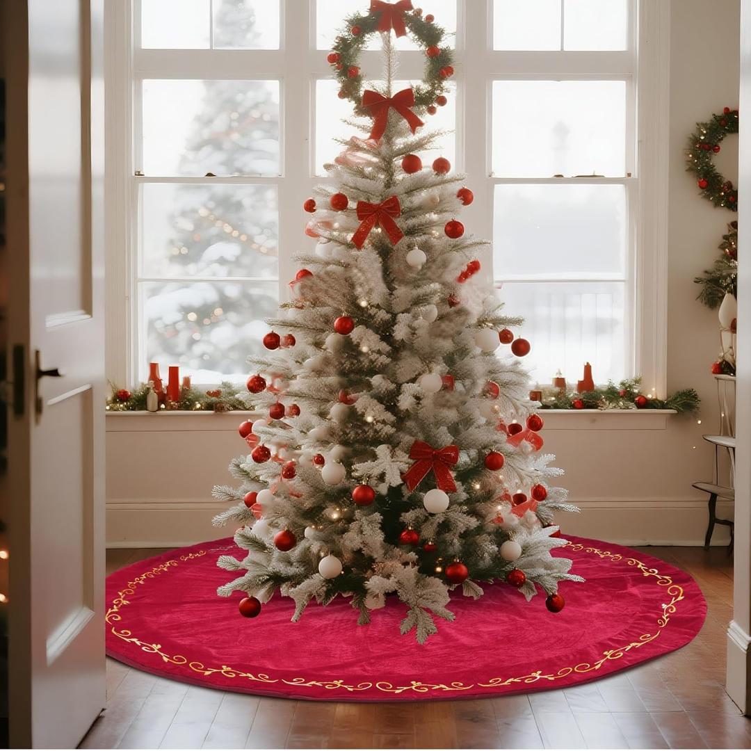 HyDren 84 Inch Velvet Christmas Tree Skirt Gold Bronzing Embroidery Christmas Tree Decorations Vintage Party Favors Rustic Holiday Thanksgiving Day Decoration (Red)