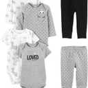 Simple Joys by Carter's unisex-baby 6-Piece Bodysuits (Short and Long Sleeve) and Pants Set, Black/ Grey Text Print/ White Llama/ Panda, 3-6 Months