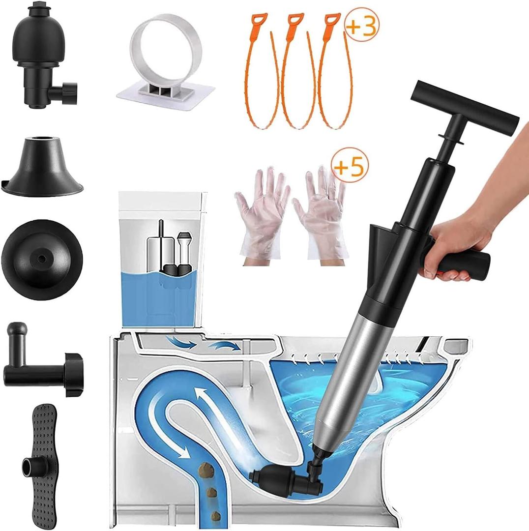 Stainless Steel Toilet Plunger Kits,Air Drain Blaster Gun Plunger High Pressure with 5 Heads,Dashboard Barometer,Sewer Toilet Kitchen Sink For Clogged Toilet Kitchen Bathroom Tubs