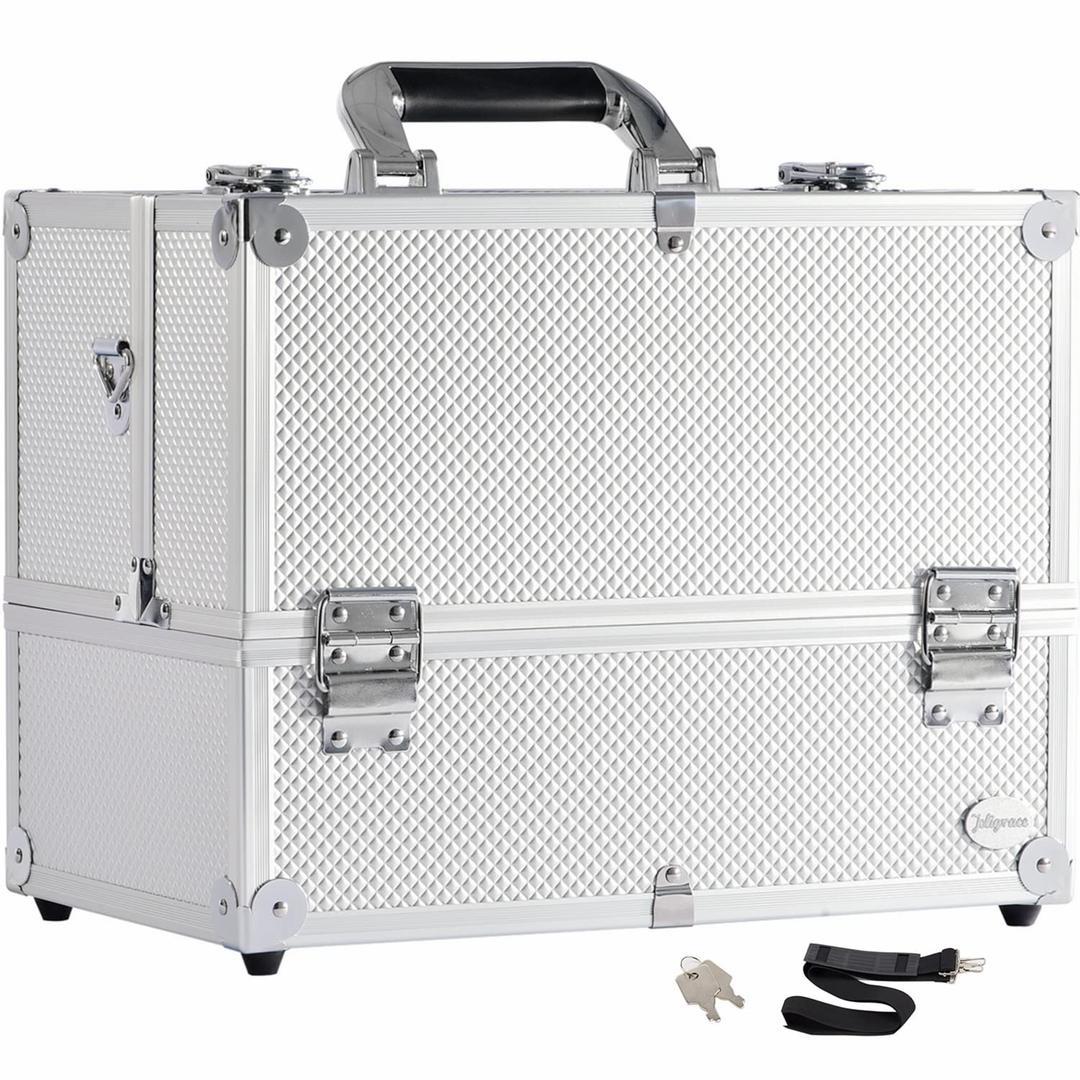 Joligrace Extra Large Makeup Train Case 6 Tray Make Up Artists Organizer Box Lockable Cosmetic Jewelry Toiletries Carrier Crafters Tool Cases with Adjustable Dividers & Shoulder Strap - Silver