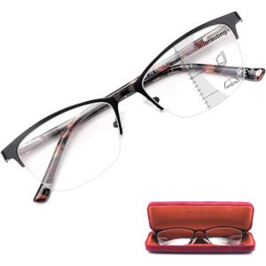 Missfive Premium Progressive Multifocus Metal Reading Glasses Women & A Case, Quality Spring Hinge Blue Light Blocking No Line Lens Multifocal Readers(for Mid-Near Workspace_2.5x_Classic Black)
