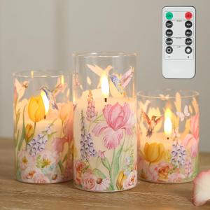 LUSHARBOR Flameless Candles with Remote, Battery Operated Glass Candles Hummingbird Flickering LED Electric Pillar Candles Real Wax Floral Christmas Decor Set of 3