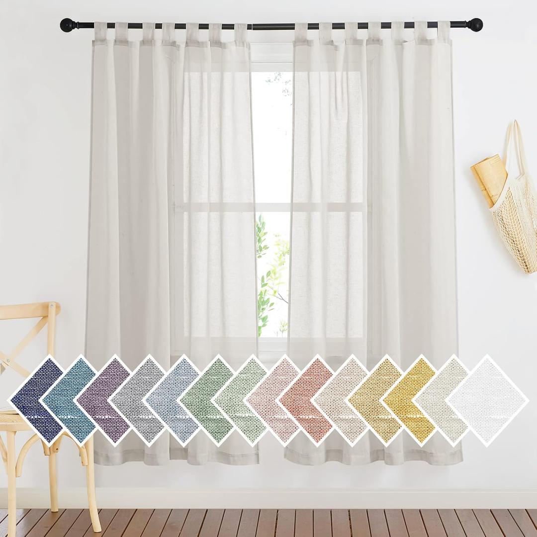 NICETOWN Semi Sheer Linen Curtains 72 inch Length 2 Panels, Tab Top Faux Flax Sheer Curtain Drapes Privacy with Light Filtering for Kids Room/Farmhouse, Natural, W52 x L72