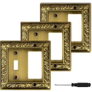Antique Brass Decorative Wall Plate Light Switch Cover Decorator Outlet Covers Rocker Switch Plates Metal Material Wall Plates for Kitchen Bathroom (2 Gang Toggle/Decorator-3 Pack)