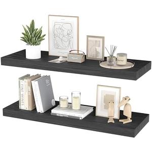 PopiShelves Floating Shelves for Wall - 24 x 9 Inch Natural Wood Shelves for Bathroom, Bedroom, Kitchen Decor, Farmhouse Decor Set of 2, Black