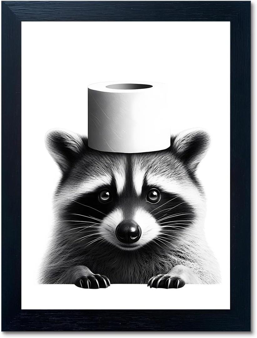 Funny Bathroom Decor Wall Art, Cute Raccoon Toilet Paper Roll Canvas Wall Decor, Humor Farmhouse Animal Wall Art, Black and White Wall Art Decor, Modern Black Frame Canvas Prints Ready to Hang 11"x14" (Ph-005)