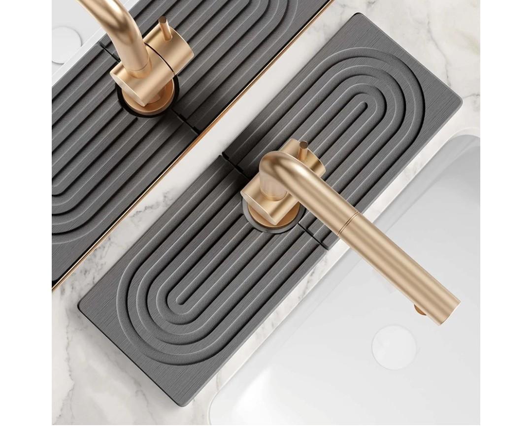 Faucet Mat for Kitchen Sink - Wider Diatomite Fast Drying Stone Sink Tray, Super Absorbent, Prevents Moisture Buildup - Faucet Splash Guard for Bathroom Counter (Dark Grey, 15x5.3inch)