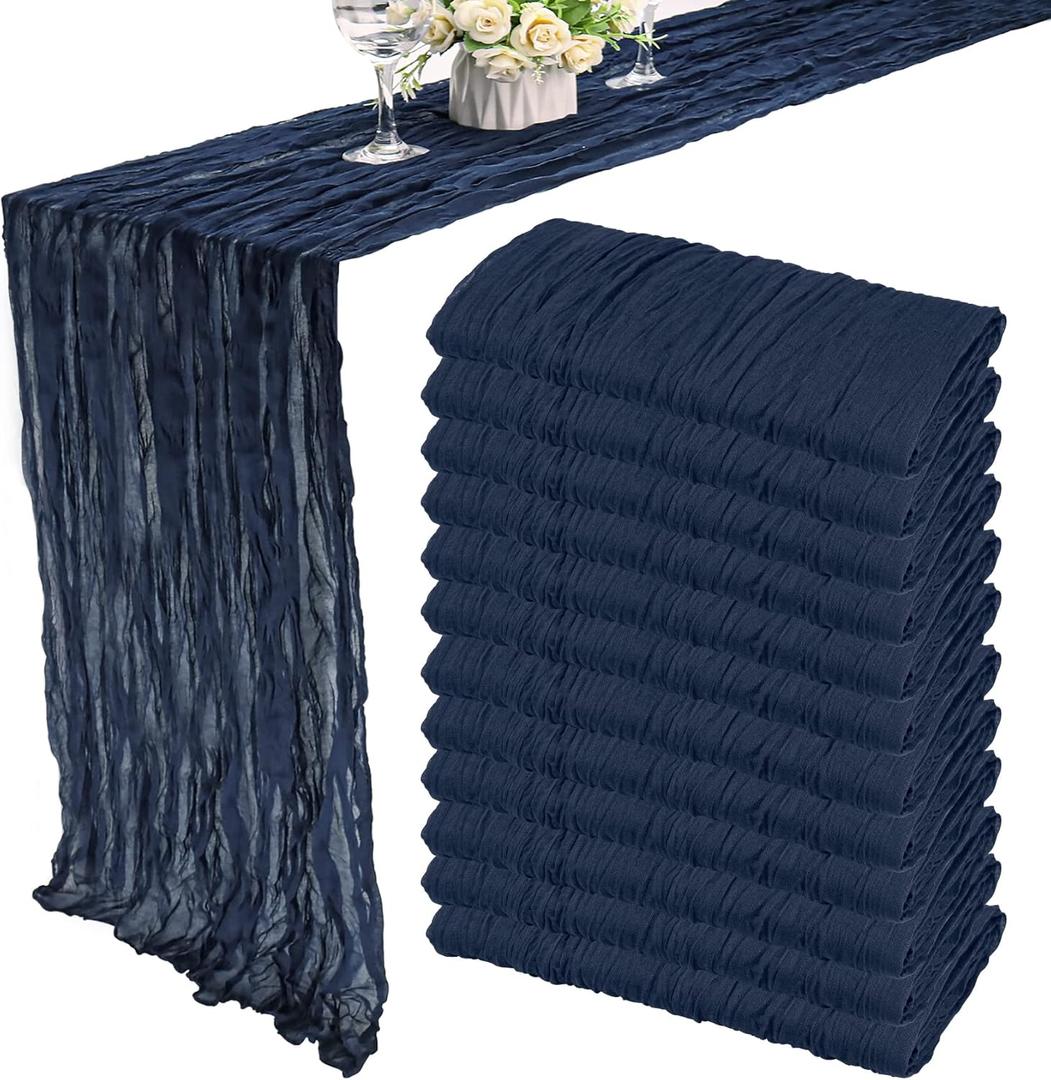 12 Pack 10Ft Cheesecloth Boho Gauze Table Runner - 35x120 Inch Rustic Cheese Cloth Long Table Runner for Wedding, Bridal Shower, Birthday Party Decor (Navy Blue) (35" x 120")
