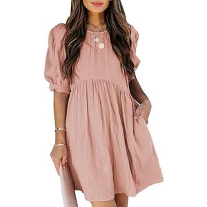 Dokotoo Womens Summer Crewneck Puff Sleeve Babydoll Elegant Empire Waist Mini Swing Skater Dresses with Pockets, 1 Pink, S