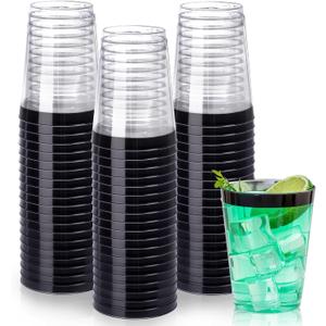 DaYammi 100 Pack Black Plastic Cups 10Oz Clear Disposable Cups with Black Rim, Clear Cocktail Cup Heavy Duty Disposable Glasses Disposable Fancy Plastic Cups for New Year Party