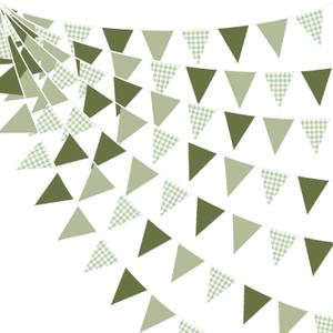 32Ft Sage Green Party Decorations Sage Gingham Banner Olive Green Buffalo Plaid Checkered Triangle Flag Pennant Fabric Garland Streamers for Birthday Baby Shower Wedding Picnic Golf Party Decorations, 5.5in x 7in
