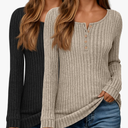 Ficerd 2 Pcs Women's Lightweight Sweaters Long Sleeve Ribbed Knit Tops Henley Shirts Crew Neck Casual Tee Solid Color Tunics M