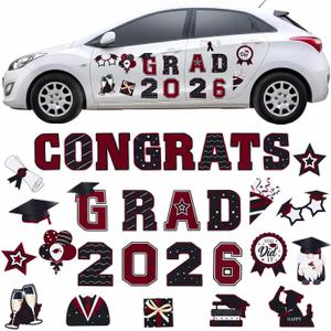 Landhoow 30 Pcs Graduation Car Magnets 2026 Senior Graduation Car Decoration Bumper Sticker Congrats Grad Magnet Magnetic Refrigerator Decal for Grad Parade Party Supplies (Maroon/Burgundy, Black)