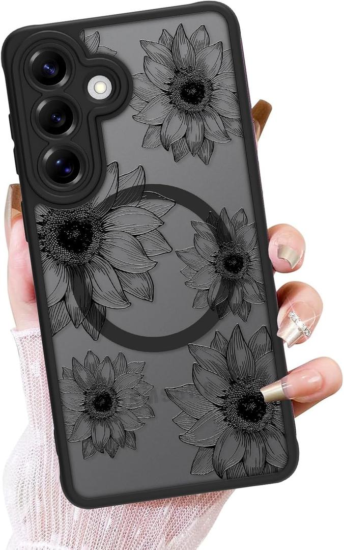 OOK Frosted Magnetic Case for Samsung Galaxy S26, Black Sunflower Floral | Compatible with MagSafe, Cute Flower Blooms Shockproof Cover for Women & Girls