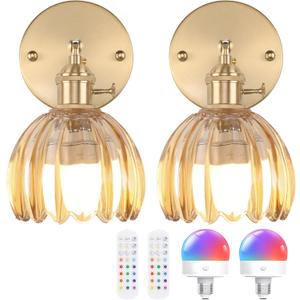 Vintage Battery Operated Wall Sconce with Cute Amber Tulip Glass Lampshade Wireless Rechargeable Battery Powered Wall Light with Remote Control for Bedside Bedroom Doorway, Set of 2