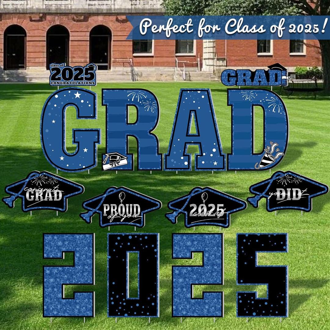 Blue Graduation Yard Signs 2025  14PCS Outdoor Lawn Decorations with Stakes, Large Waterproof Congrats Grad Sign Set for High School & College Class of 2025 Ceremony