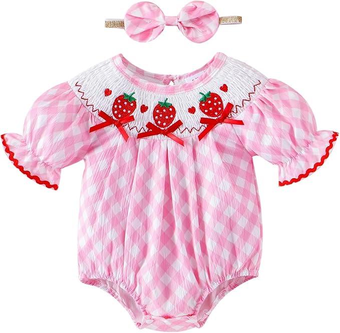 FOCICI Baby Girl Clothes 0-3 Months Newborn Smocked Romper Infant Plaid Strawberry Embroidery Short Sleeve Bubble Bodysuit + Cute Bow Headband Summer Outfits Pink 0-3 Months