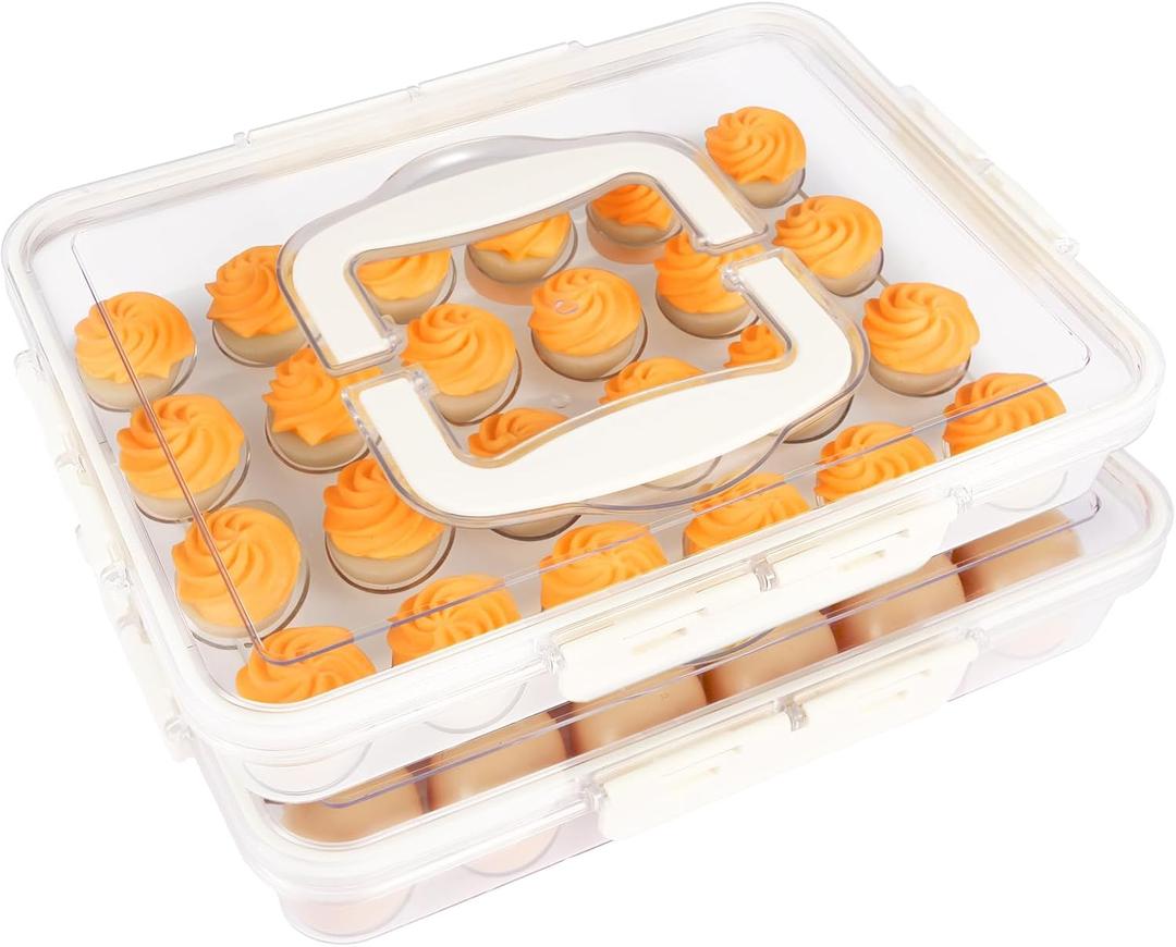 RoskDeewat Deviled Egg Containers with Lid, 2 Pack Thick Clear Plastic Deviled Carrier with Handle Storage 48 Eggs, Stackable Egg Holder Portable Tray Platter for Fridge, Travel, Party-White
