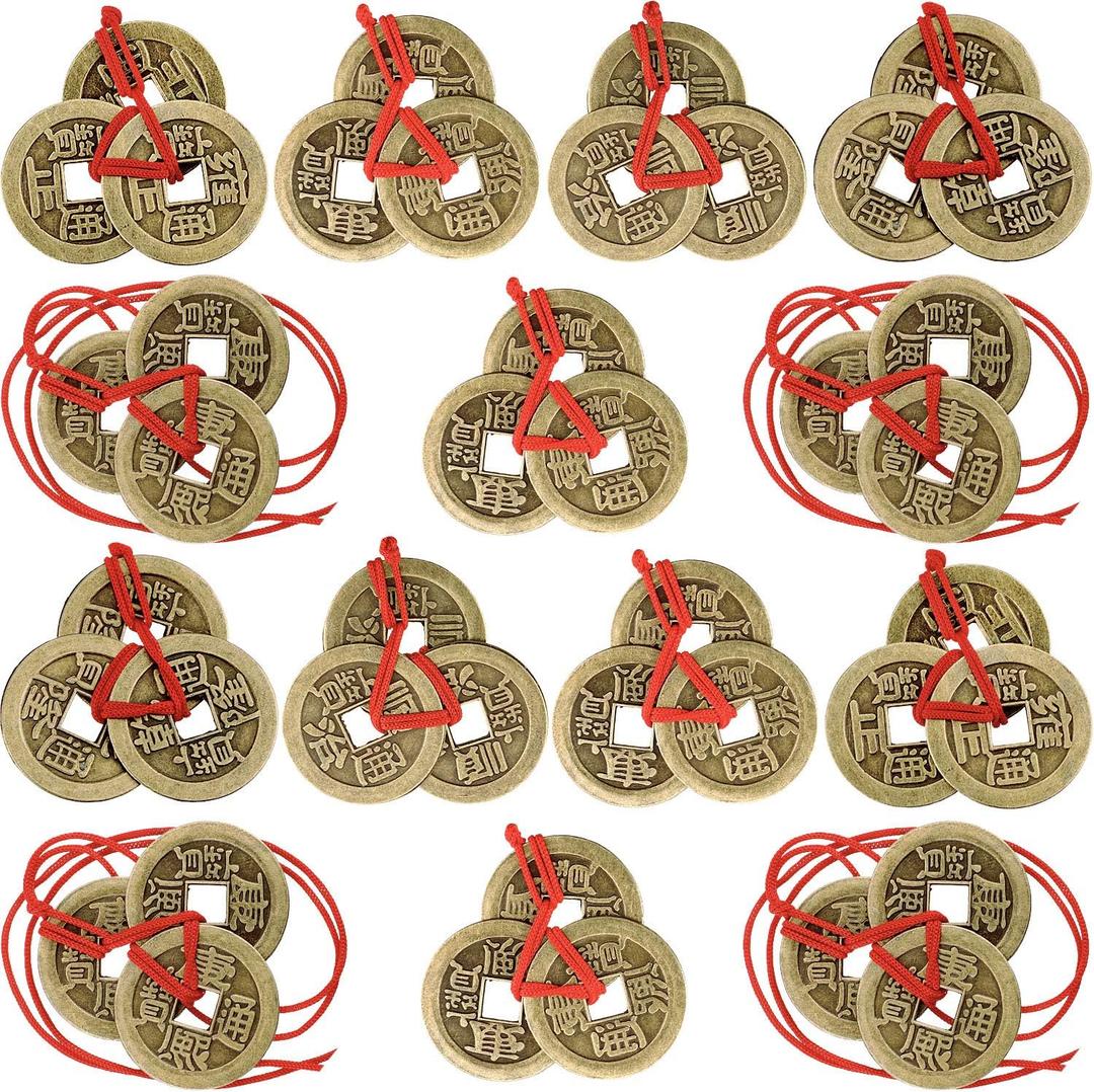 Boao Chinese Fortune Coins Feng Shui I Ching Good Luck Coins Traditional Brass New Year Favor with Red String for Wealth and Success, 5 Styles(30 Pieces)