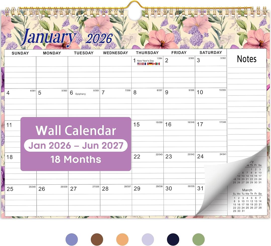 4 x Calendar 2026-2027, 18-Month Wall Calendar from Jan 2026 to Jun 2027, 11.5" x 14.7", Spiral Binding Hanging Monthly Calendar with Twin-Wire Binding, Perfect for Home or Office - Vintage Floral