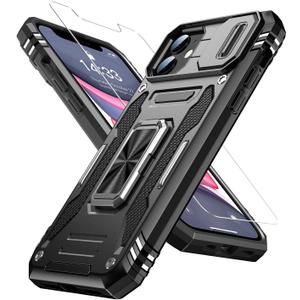 Goodon for iPhone 11 Case with Sliding Camera Cover + Screen Protector - Metal Magnetic Kickstand - Military-Grade Shockproof Matte Protective Phone Cover 6.1" for Men Women Girls - Black