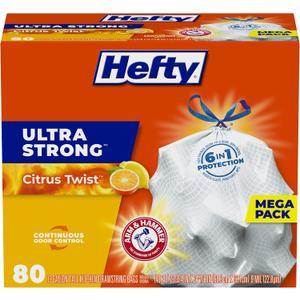 Hefty Ultra Strong 13 Gallon Trash Bags, Tall Kitchen Trash Bags 13 Gallon Size, Drawstring Closure, Continuous Odor Control, White, Citrus Twist Scent, 80 Bags