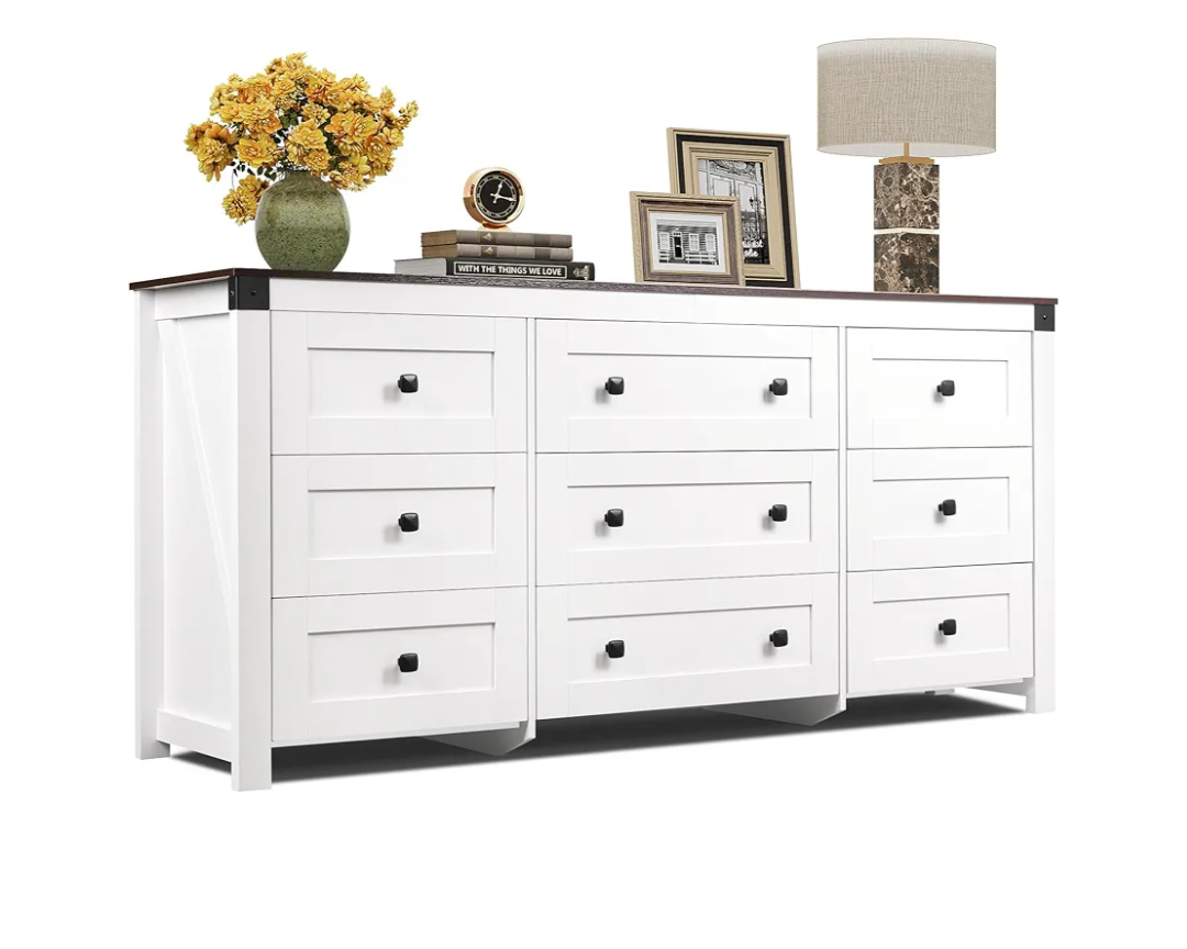 WLIVE Farmhouse Dresser for Bedroom, 63" Wide 9 Drawer Dresser Storage Organizer, Wood Chest of Drawers for Bedroom, TV Stand for 70 inch TV, for Living Room, Hallway, Ball Bearing Slide (White)