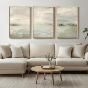 Framed Extra Large Sage Green Abstract Wall Art for Living Room, 3 Piece Modern Landscape Canvas Artwork for Walls, Minimalist Prints Wall Decor for Bedroom, Kitchen, Office, Hallway, 24x36 Inch