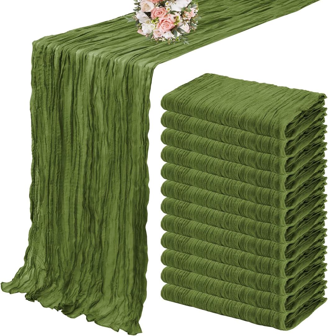 12 Pack Cheesecloth Table Runner 35 x 120 inch Long Boho Cheese Cloth Gauze Table Runners Semi Sheer Table Runner for Wedding Decor, Bridal Shower, Birthday Party (Olive Green)