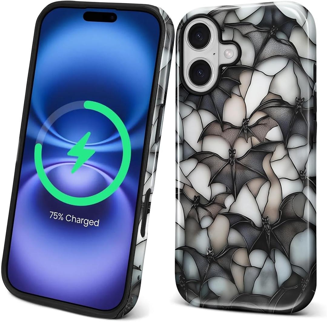 Magnetic Case for iPhone 17 Design,Compatible with MagSafe,Slim Protective Soft TPU Bumper Phone Cover Women Girls Case for iPhone 17-Stained Glass Halloween Bat