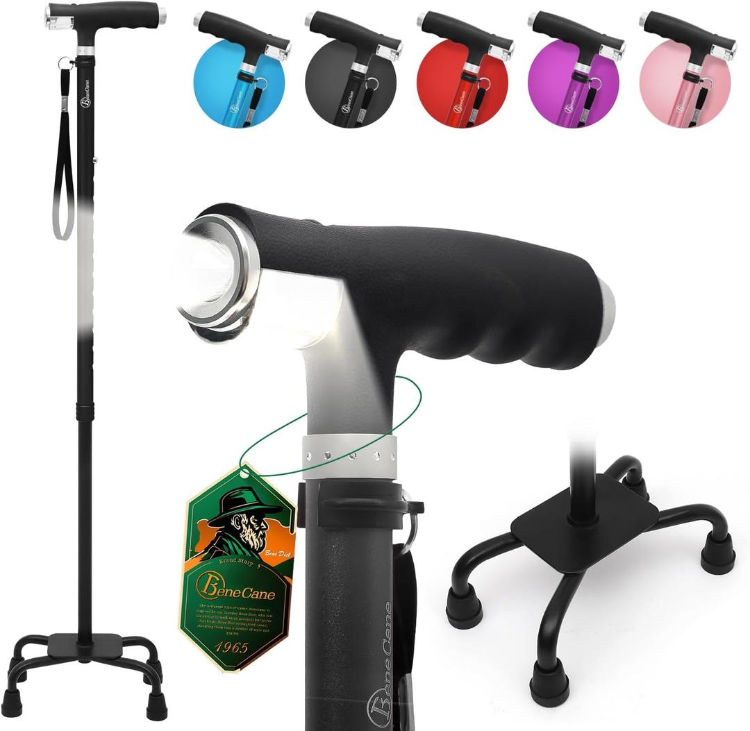 BeneCane Quad Cane Walking Cane with Two Led Lights with Big Base T HandleLightweight Adjustable Walking Stick Four Pronged Sturdy for Men and Women, 28-40inch