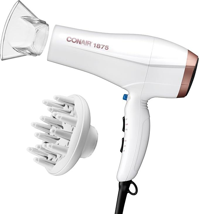 Conair Double Ceramic Hair Dryer with Diffuser | Blow Dryer with Ionic Conditioning | Includes Diffuser and Concentrator | White