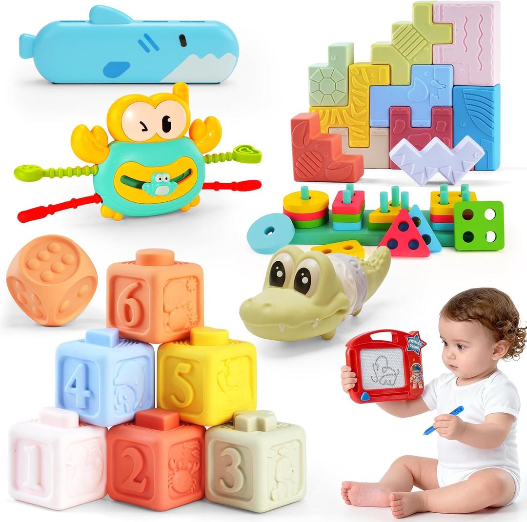 8-in-1 Montessori Baby Toys for 6-12 Months,Babies Travel Toy Set with Stacking Blocks, Pull Teether, Sensory Shape Sorter, Drawing Board & Harmonica, Infant Learning Gift for Toddler 1-3 Year Old